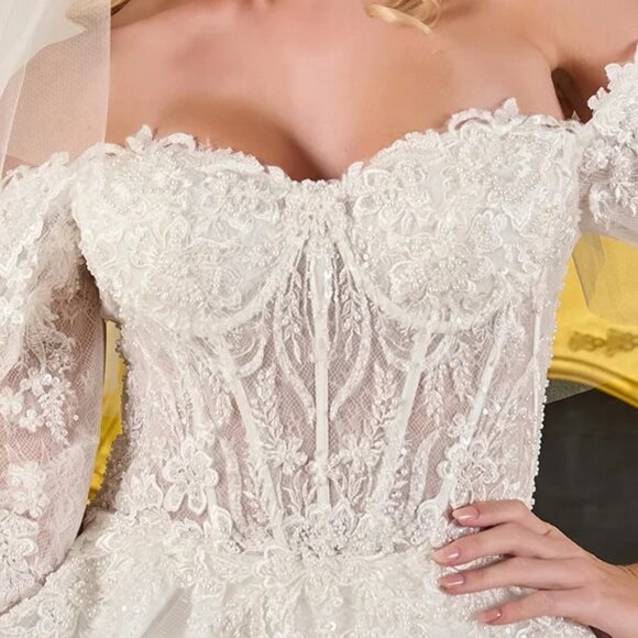 New Off The Shoulder Mesh Wedding Gown w/Floral Lace & Sheer Voned Bodice GL3824 - Picture 6 of 15